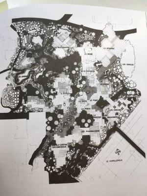 Massaplaat van het globale project van La Mémé. Tekening van het Atelier Somone & Lucien Kroll - Uittreksel uit BOUCHAIN Patrick (dir.) Simone en Lucien Kroll, une architecture habitée, Actes Sud 2013, p. 83